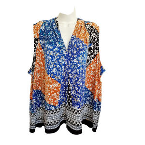 Calvin Klein Plus 3X Blue Orange Floral Patchwork boho cottagecore Blouse